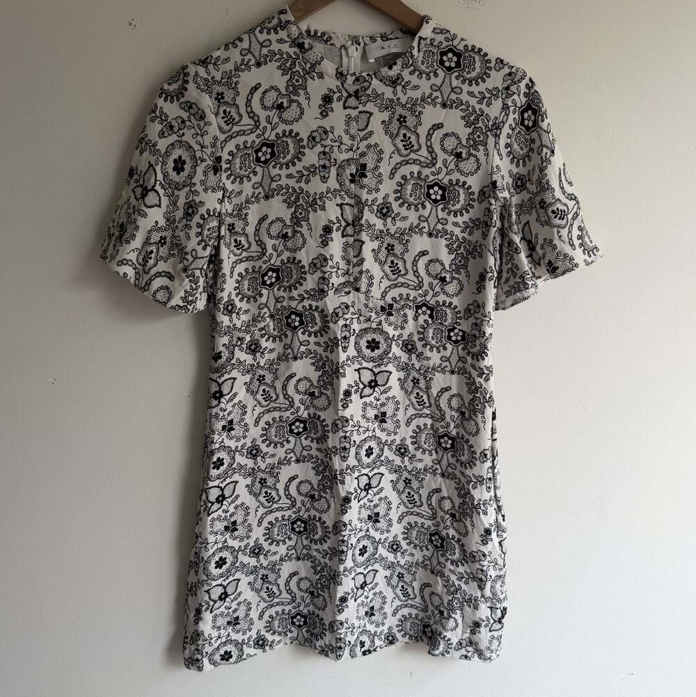 A.L.C. ALC Spencer Print 100% Silk Mini Dress White Black Size 4 Quiet Luxury